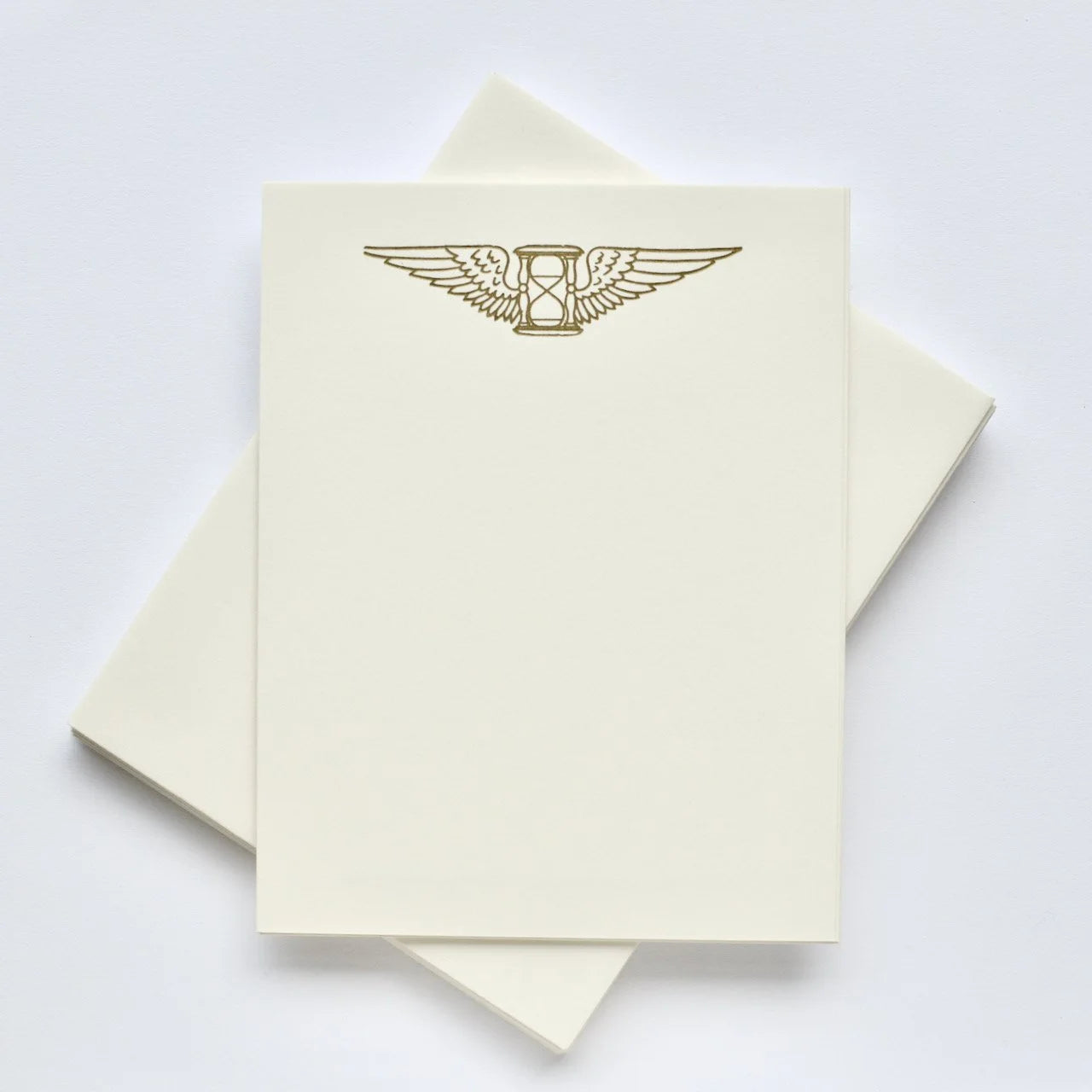 Winged hourglass letterpress stationery set printed in metallic gold