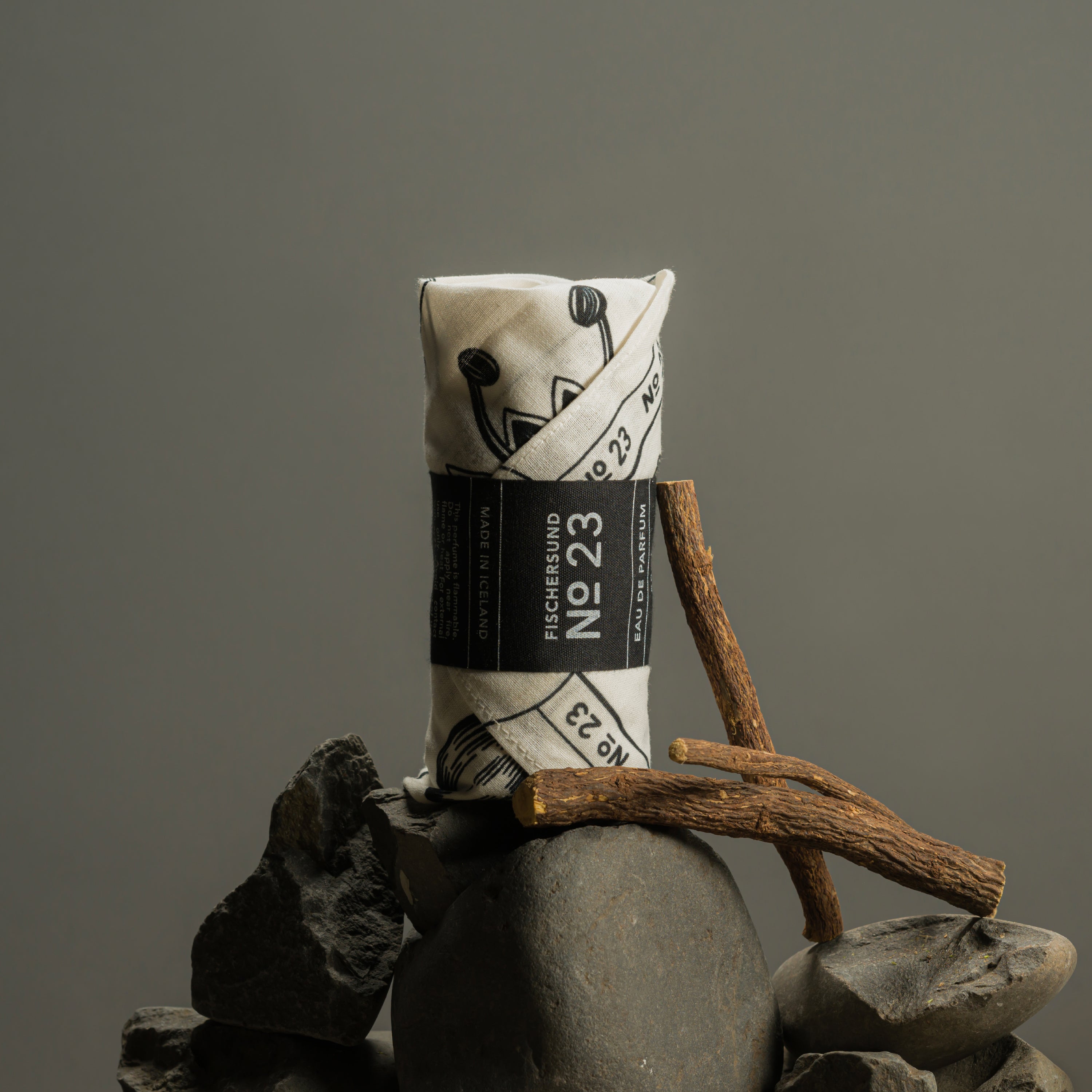 Fischersund eau de parfum wrapped in illustrated cotton bandana