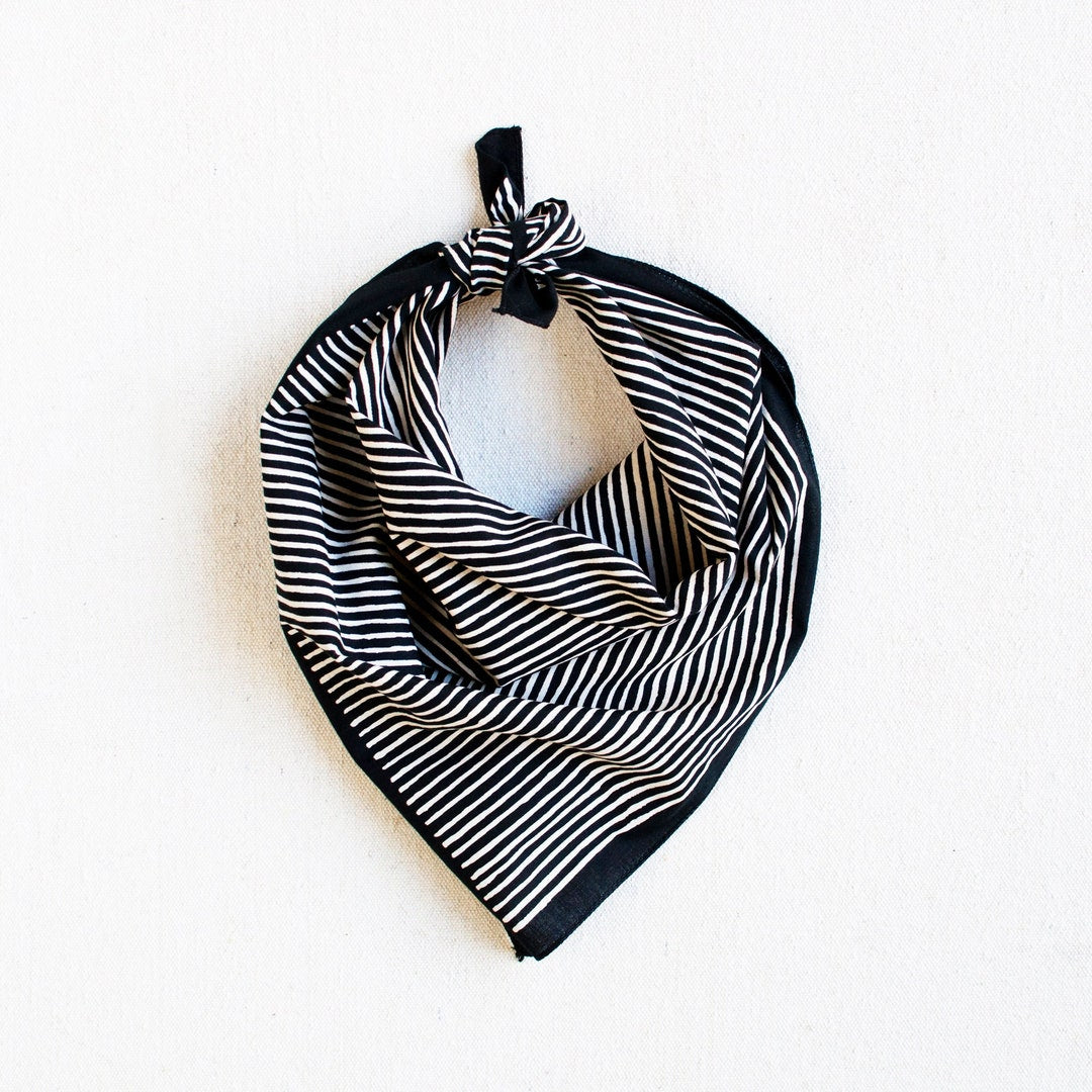 Black Bandana, geometric stripe print, hand printed by Maryink