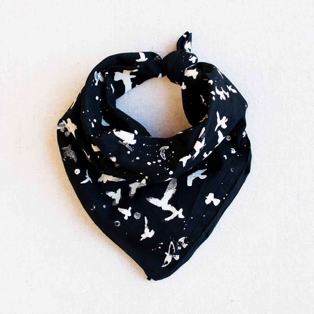 Black Bandana, bird print, hand printed by Maryink