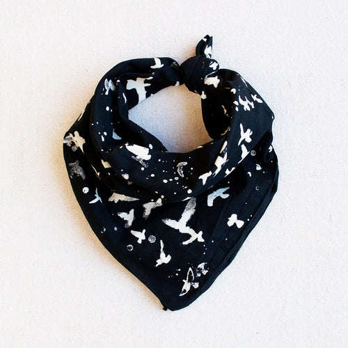 Black Bandana, bird print, hand printed by Maryink