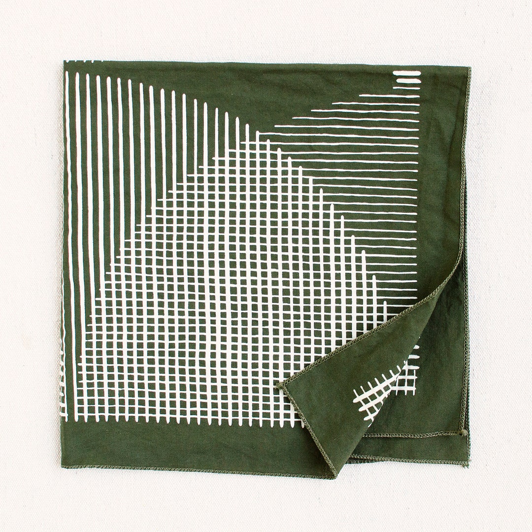 Olive Green Bandana, abstract hill print, hand printed by Maryink